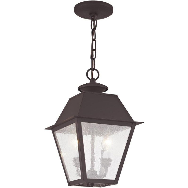 9in2 Light Outdoor Chain Lantern Pendant Fixture with Seeded Glass Shade, Bronze