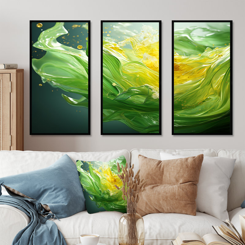 «Green and Yellow Harmonious Chaos II - Abstract Collages», art mural, Cadre flottant noir, H 32 po x l 48 po x P 1 po