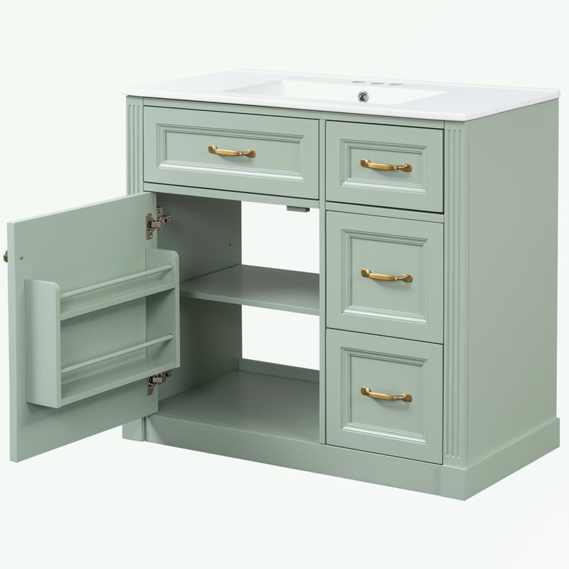 Meuble-lavabo avec lavabo, 4 tiroirs, porte à fermeture en douceur et tablette réglable, Vert/doré