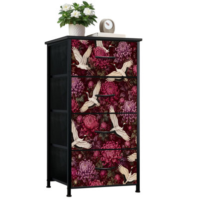 4 Drawer Vertical Storage Dresser Seamless Japanese white cranes chrysanthemums with Wood Top Fabric Pull Drawers
