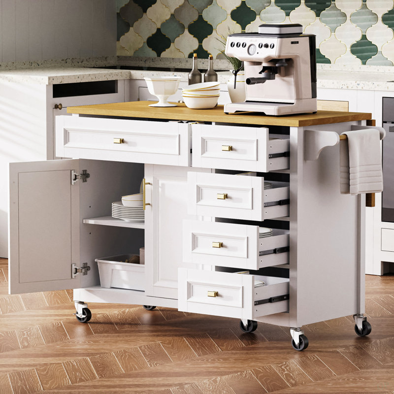 Îlot de cuisine de 52 po avec abattant, îlot de cuisine à texture en relief sur roulettes avec support à épices, porte-serviettes, 2 portes et 5 tiroirs, chariot de rangement de cuisine avec tablette réglable pour la cuisine