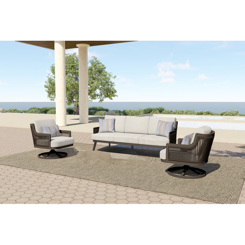 Ludovic 3-Piece Metal & Polyester Patio Set With Sofa And Swivel Chairs, Brown