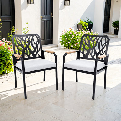 Chaises de salle à manger d'extérieur en aluminium K / D 2 pièces avec coussins en tissu Sunbrella d'extérieur, dossier en forme de branche, accoudoirs en bois certifiés FSC, brun bourbon