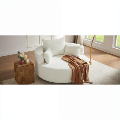 Fauteuil d'appoint rond pivotant sur 360 ° en chenille beige pour les espaces résidentiels avec coussins amovibles