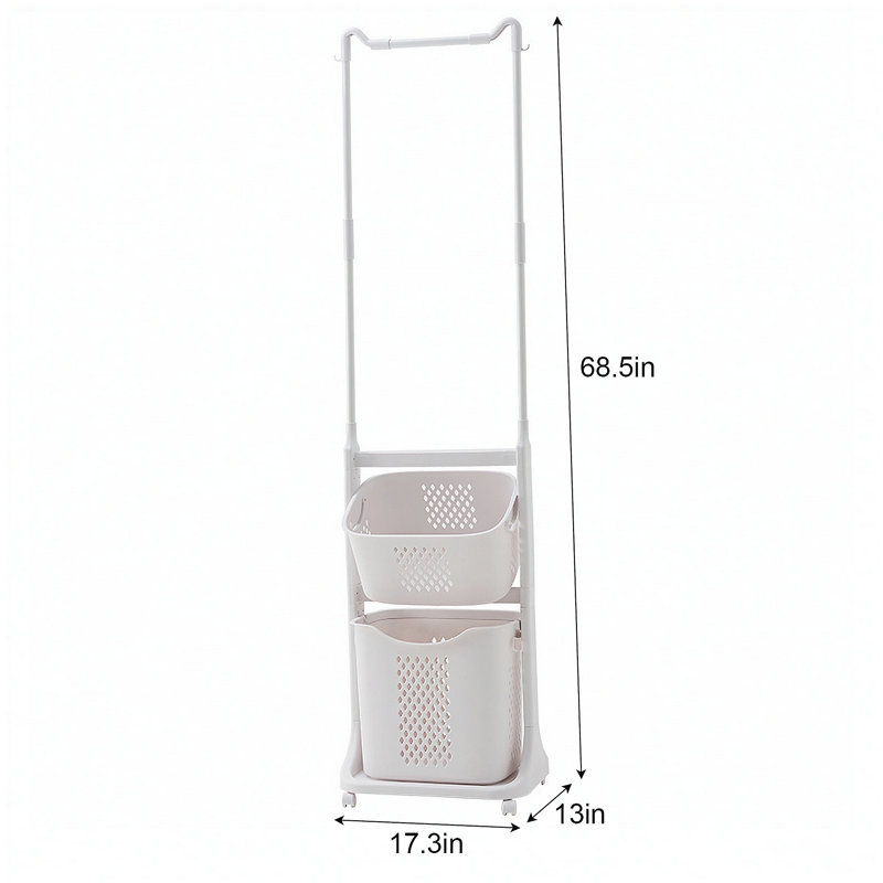 2-Tier Laundry Hamper Sorter with Hanging Bar, Rolling Laundry Baskets with Wheels Removable, Stackable Laundry Cart Organizer and Storage for Small Space, Dorm, Closet, Bathroom