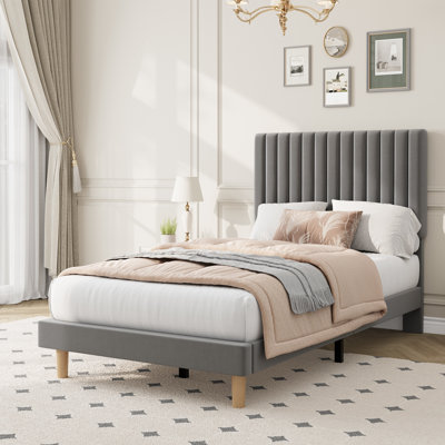 Twin Bed Frame with Adjustable Headboard, Velvet Upholstered Platform Twin Size Bed Frame, Vertical Channel Tufted, Strong Wooden Slats, No Box Spring Needed, Easy Assembly, Grey
