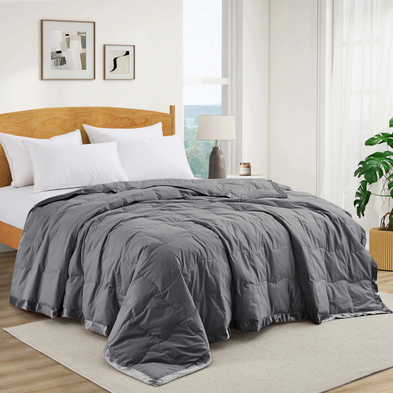 Goose Feather Fiber & Down Blanket, All-Season Bedding Comforter with Satin Trim - Soft Breathable Shell - for Layering - Machine Washable