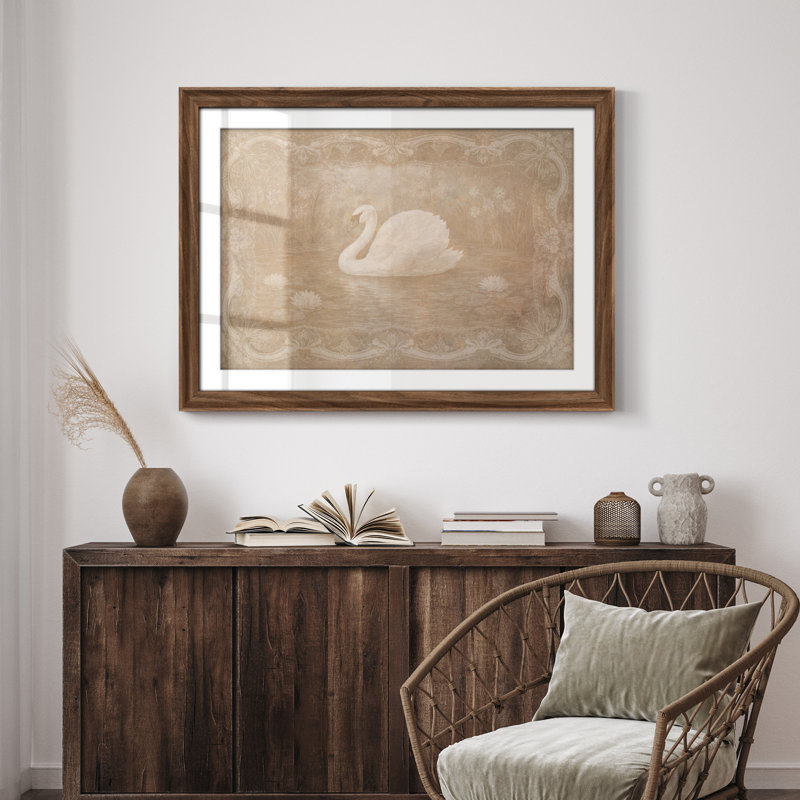 Art mural encadré 26,5 x 36 po Elegant Vintage Swan Lake, Impression encadrée avec passe-partout