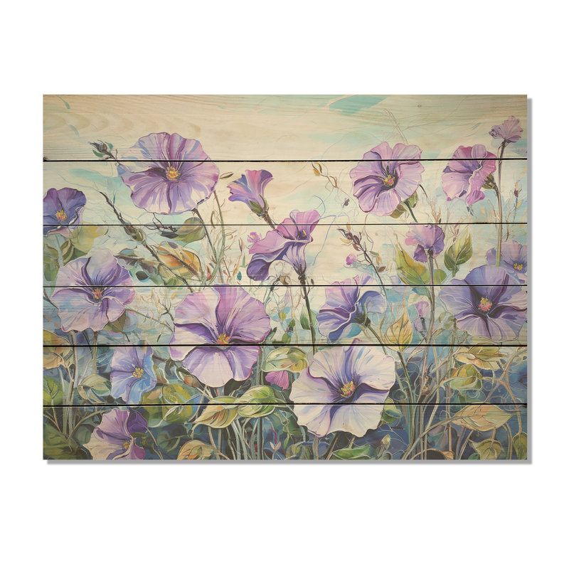 «Purple Morning Glory Flowers», art mural en bois sur bois de pin naturel, H 24 po x l 32 po