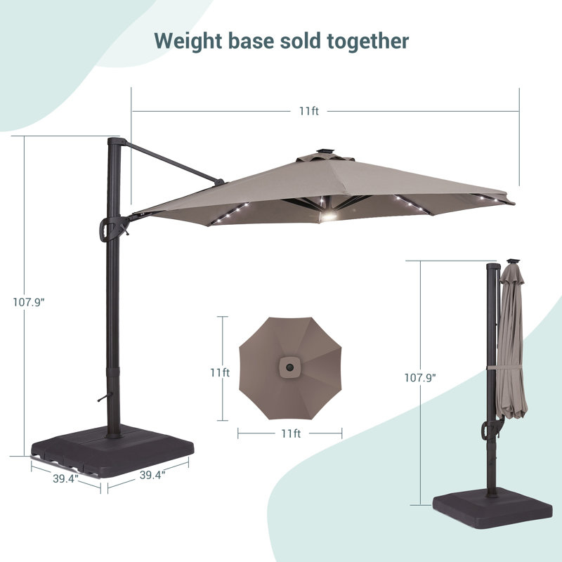 Grand parasol en porte-à-faux illuminé 11 pi avec base, Gris