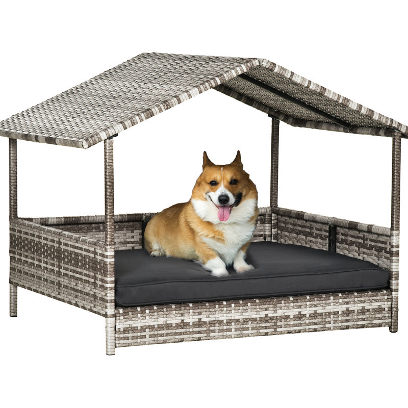 Maison pour animaux avec auvent - PE, coussin d'eau, pour petits et moyens chiens, base surélevée, chien douillet intérieur et extérieur pour l'extérieur, plancher crème, polyvalent