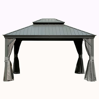 Pavillon de jardin extérieur permanent à toit rigide 10 'x 14' avec double toit en acier galvanisé, structure en aluminium, rideaux et filet pour la pelouse et le jardin