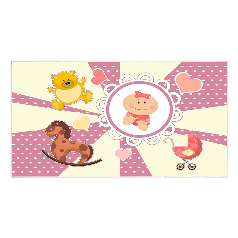 Tapis rectangulaire en polyester tissé à la machine Rickert en rose / jaune / blanc, Rectangle 3 pi 3 po x 5 pi 3 po