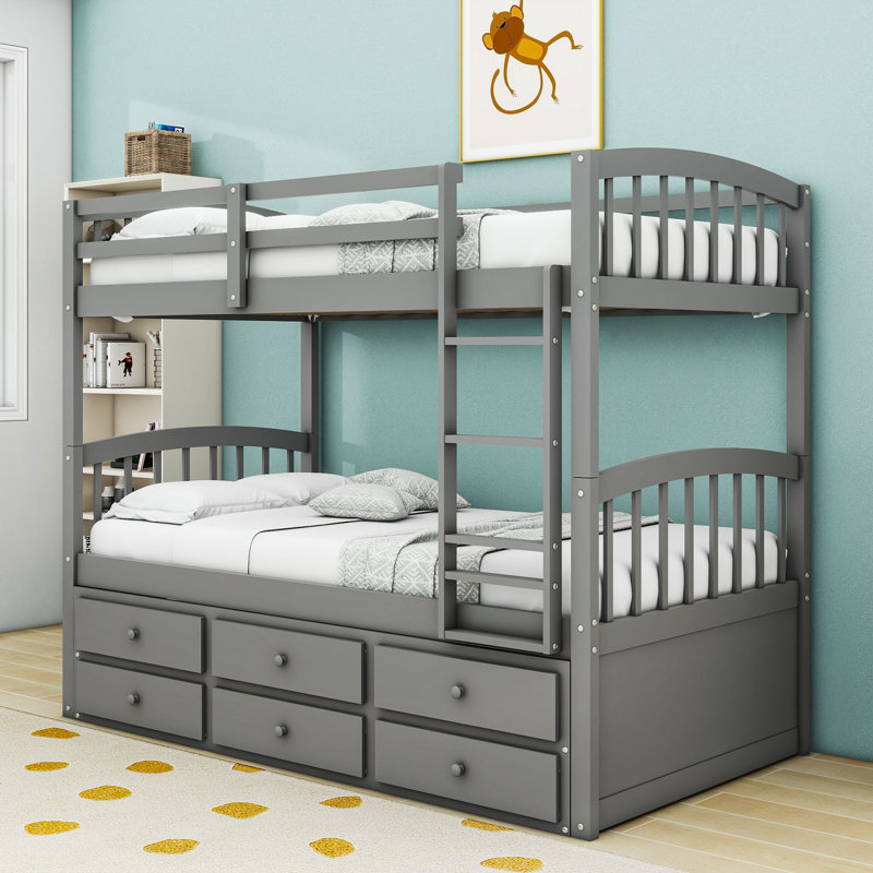 Twin-Over-Twin Wood Bunk Bed With Twin Trundle And Drawers,Ladder, Gray