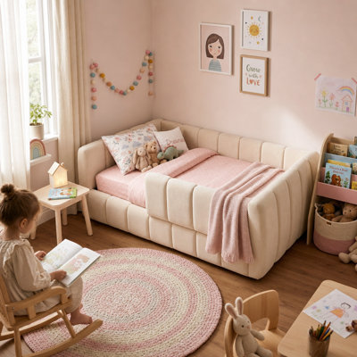 Toddler Floor Bed Frame with Removable Rail, Upholstered Toddler Bed for Girls and Boys 1-3 Years Old