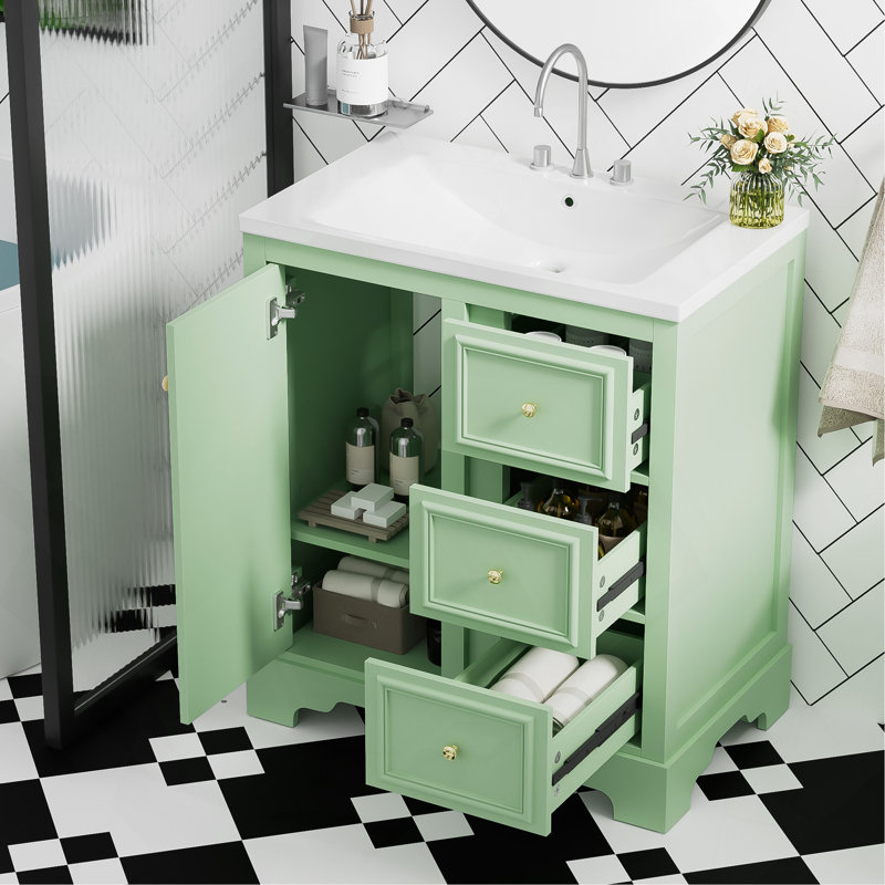 Armoire de meuble-lavabo 30 po avec lavabo en céramique, 3 tiroirs et tablettes réglables, Vert