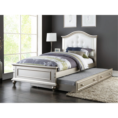 Contemporary Bedroom Twin Bed With Trundle, Silver Color, Faux Leather Upholstered, Pine Plywood And Modern