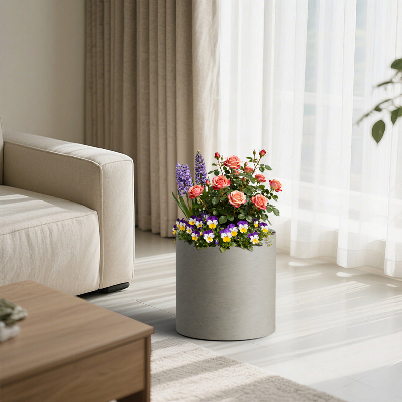 16 in. Large Stone Gray(Upgraded Interior) Concrete Tall Round Planter Pot Cylindrical Flower Planter with Drainage Hole