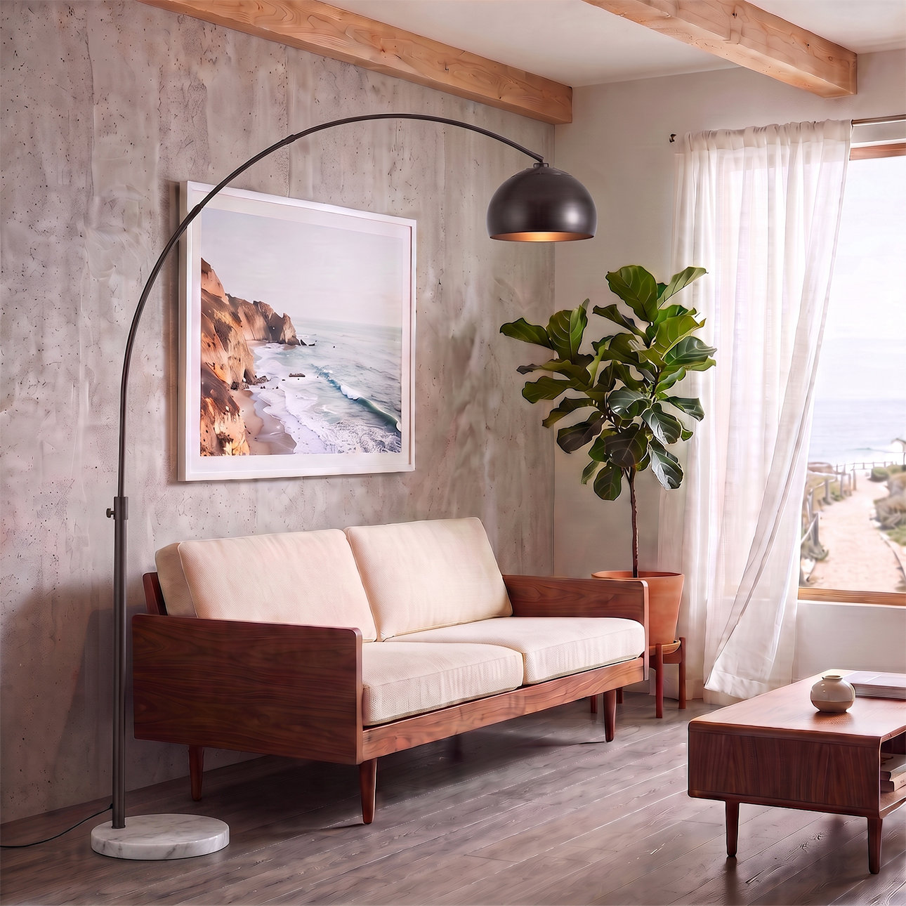 Half Dome 92" Arc Lamp - White Marble Base, Half-Dome Shade, Dimmable, Bulb Included, Half- Dome Black Nickel