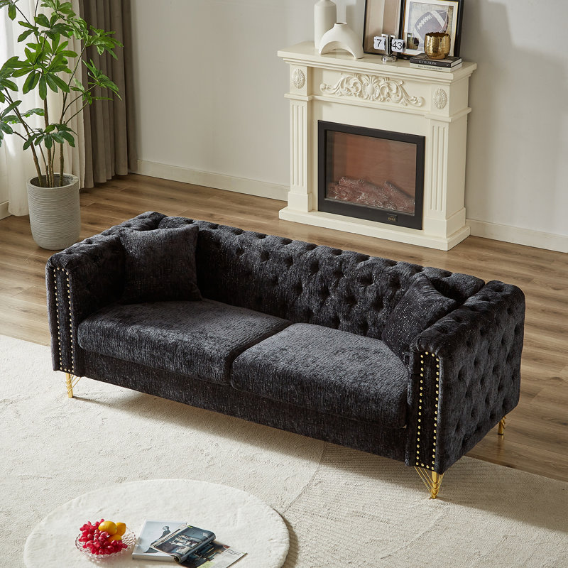 LUSPAZ Chesterfield Sofa, Button Tufted With Copper Nailhead Trim, Metal Legs, Modern Design, Green Chenille