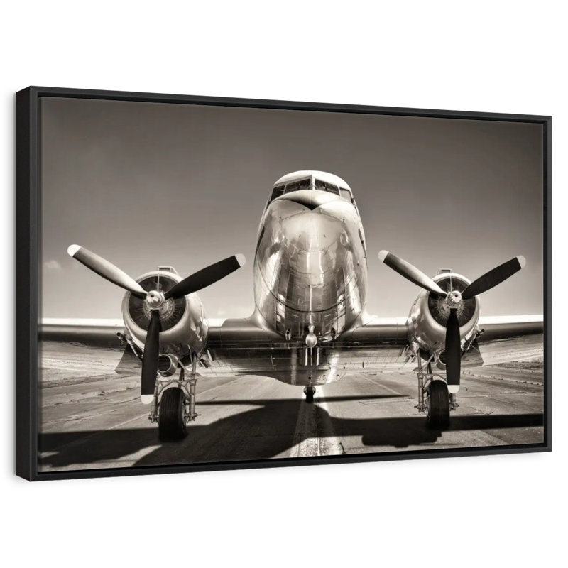 Avion rétro noir et blanc, Cadre flottant noir, 13 po x 9 po