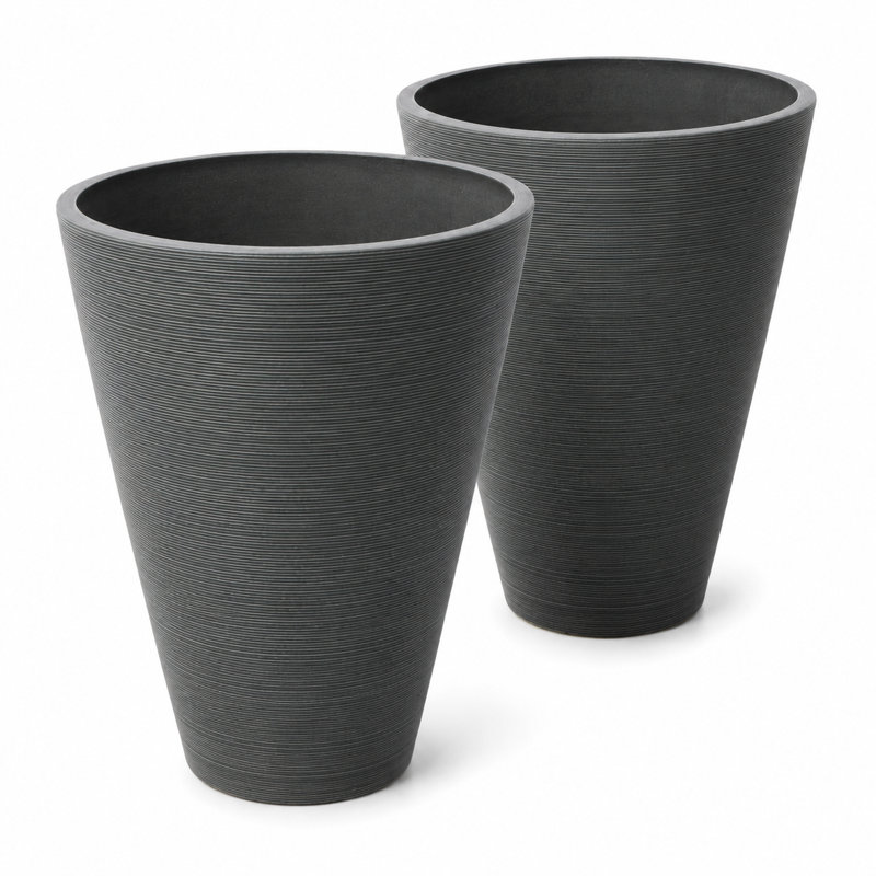 Taio 14" Ribbed Round Composite Planter Set, Charcoal, 14" H x 11.4" W x 11.4" D