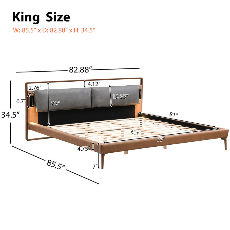 Très grand lit en similicuir brun et gris avec veilleuses 2 pièces, coussin de dossier rembourré doux, pieds au milieu avec structure, aucun sommier nécessaire, lit d'une capacité de 800 livres, brun et gris, cuir, réglable