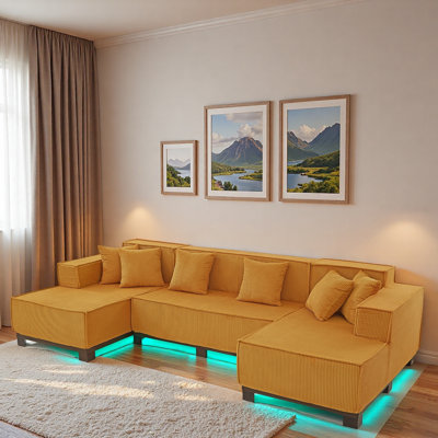 Modern U-shaped Sectional Sofa With Rgb Led Light Strip And 6 Pillows