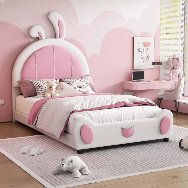 Lit plateforme simple tapissier avec tête de lit Bunny, structure en bois, sans sommier tapissier, blanc