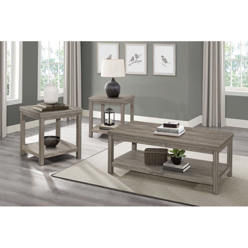 Ensemble de 3 tables d'appoint de style transitionnel comprenant 1 table basse et 2 tables de chevet, en stratifié mélamine et bois d'ingénierie, gris, fini vieilli, avec étagères de rangement inférieures.