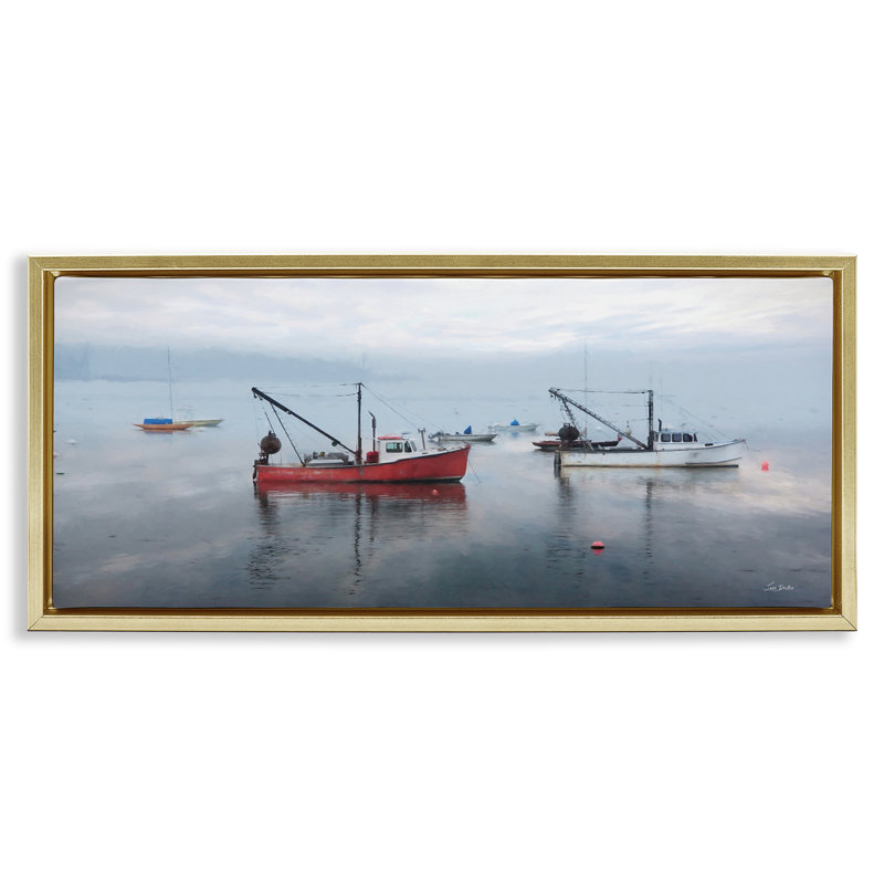 «Boat Harbor Seascape», art mural encadré par Lori Deiter, H 11 po x l 25 po, Cadre flottant métallique doré
