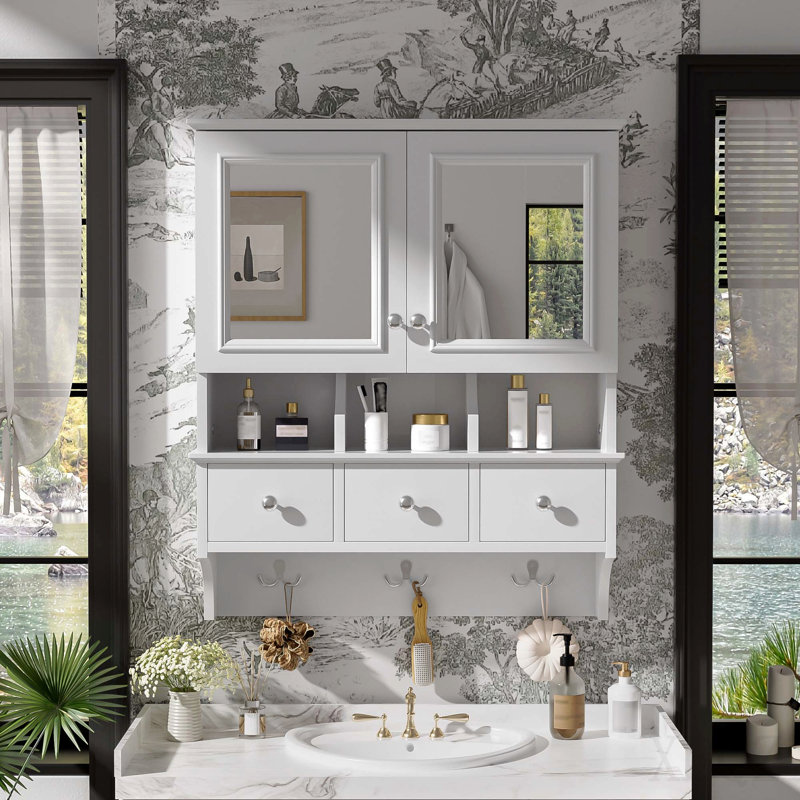 Armoire de toilette 4 en 1, armoire à pharmacie murale de 24 pouces avec tiroirs et crochets de rangement, miroirs haute définition avec rangement pour meuble-lavabo de salle de bain