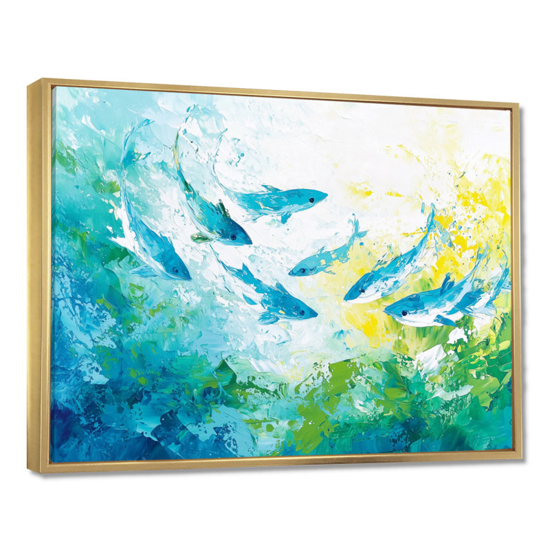 Abstract Sharks Swimming - Shark Wall Art Print, 24" H x 32" W, Floater Framed Print, Gold