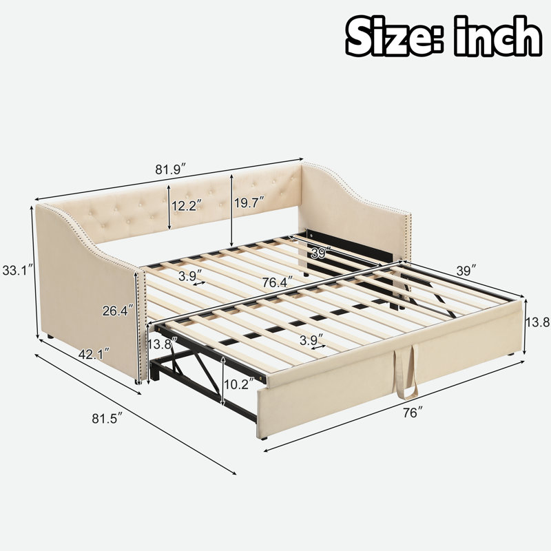 Upholstered Daybed With Pop Up Trundle, Beige