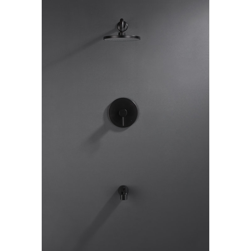 Système de garniture de douche Euro Collection: pomme de douche ronde de 8 po, ensemble de poignées simples, bec de baignoire et soupape brute inclus - bronze huilé