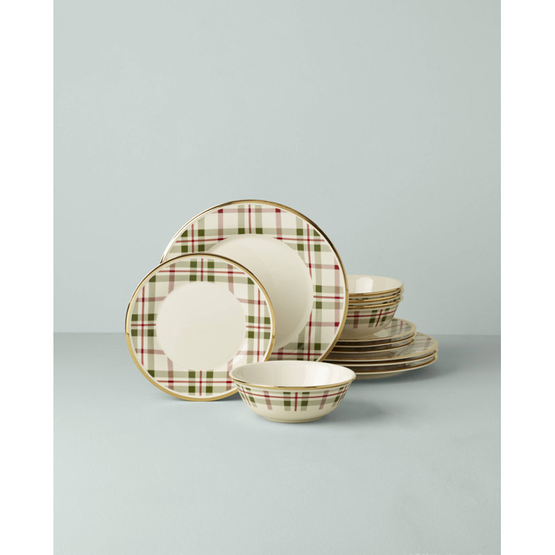 Ivory and Plaid Porcelain 12-Piece Holiday Dinnerware Set