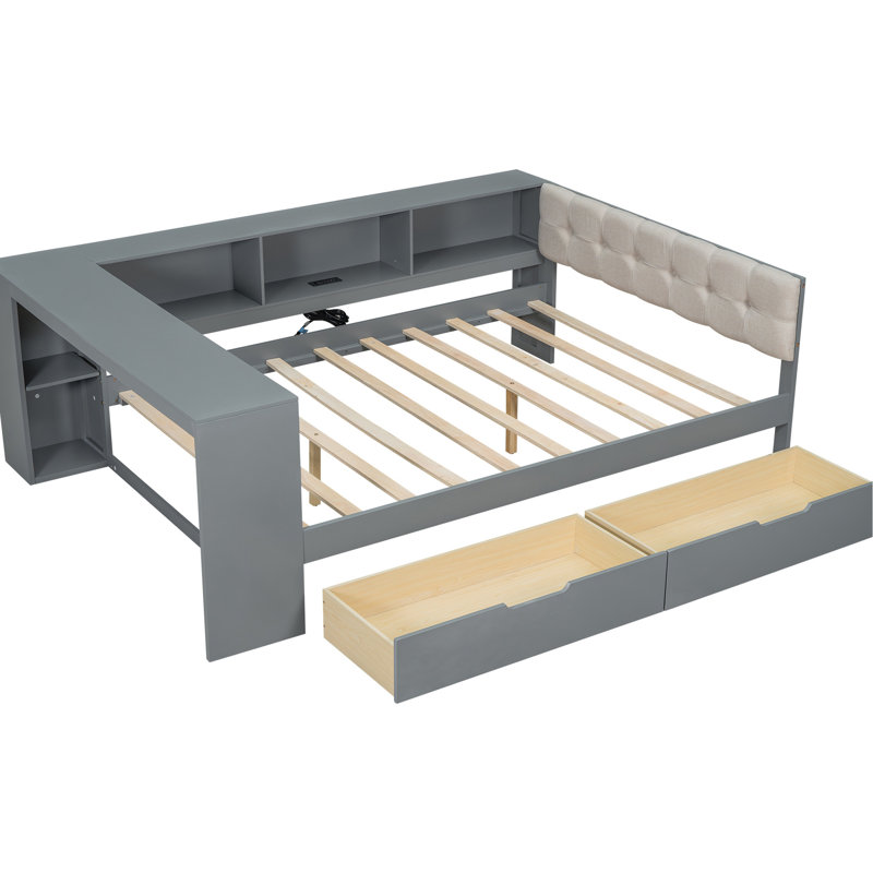 Lit double gris avec tête de lit tapissier, tablettes de rangement, tiroirs et fonction de charge, bois de pin et plateforme intégrés dans les tiroirs