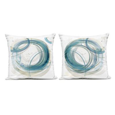 Ensemble de 2 coussins d'extérieur à imprimé anneaux circulaires bleu sarcelle, design par Nan