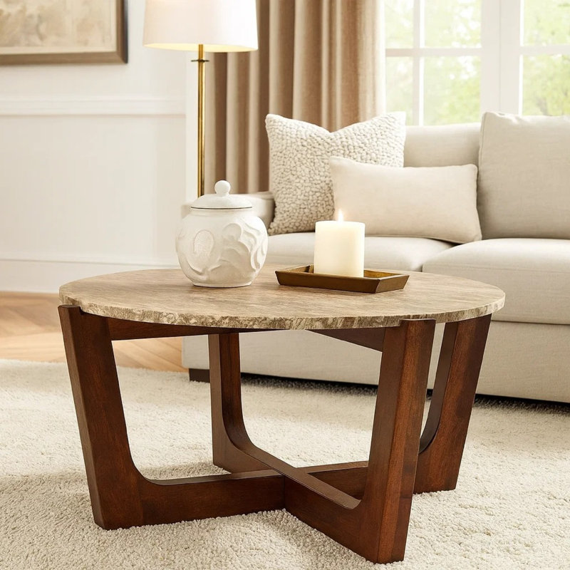 Table basse Dore, plateau en marbre rond de 36 pouces, pieds en angle, bois brun