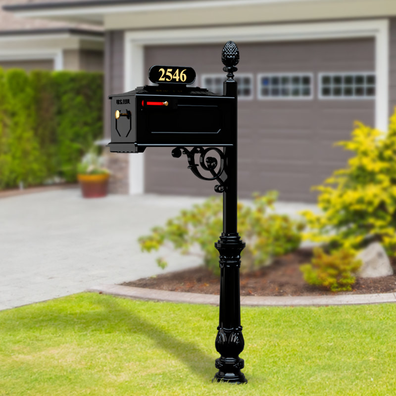 Emerson Aluminum Post Mounted Mailbox with Personalized Number Plate, Yes, Solid Brass