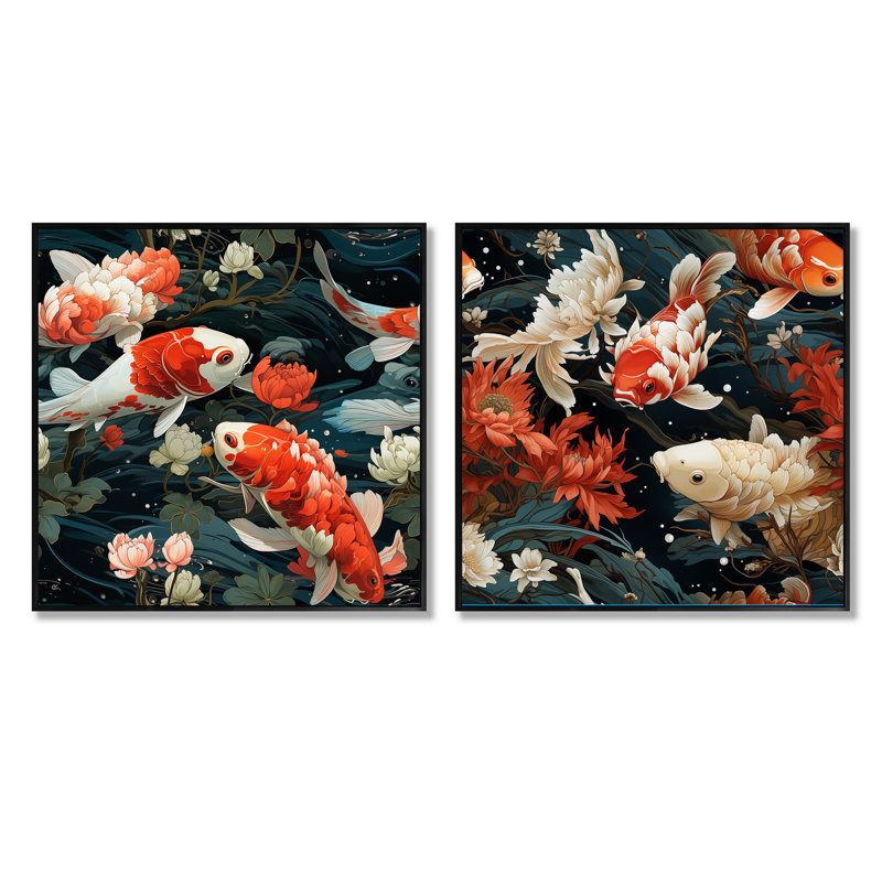 Vallarie - Ensemble de 2 animaux carrés, collage de poissons, Cadre flottant noir, H 36 po x l 73 po