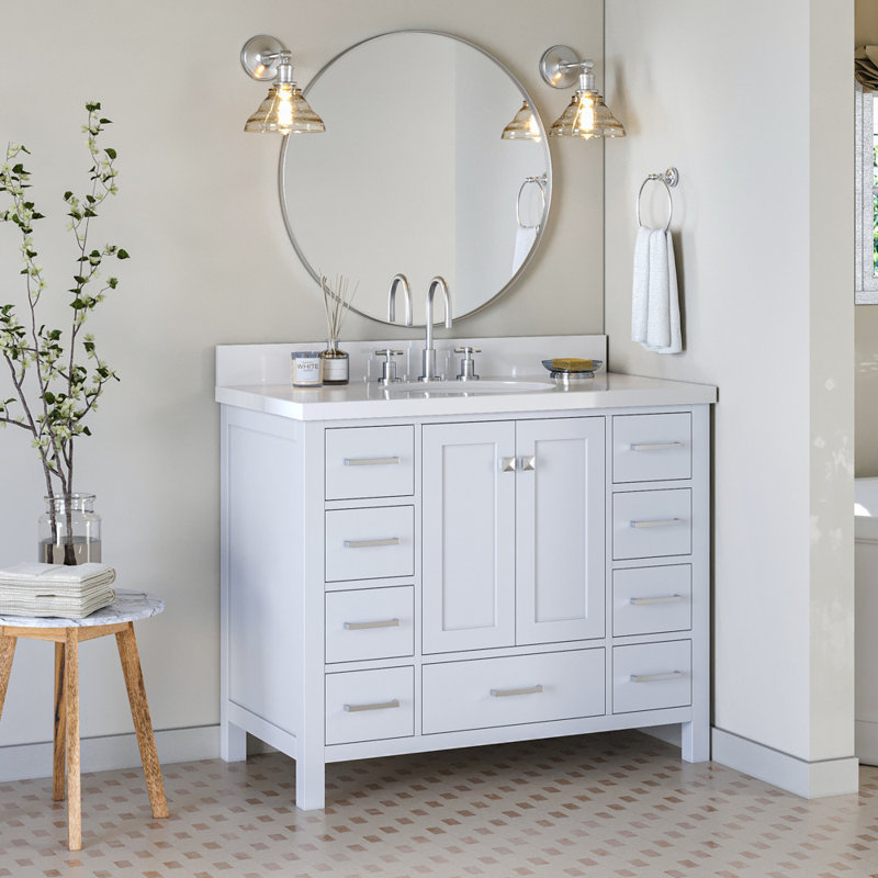 Cambridge 43 In. W X 22 In. D X 36 In. H Vanity With Quartz Vanity Top In White With Basin, White / Brushed Nickel