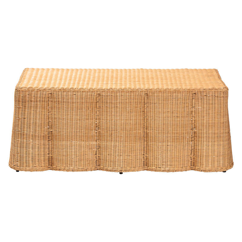 Bali & Pari Palm Scalloped Rattan Coffee Table - Handwoven Wicker Rectangle Accent Table For Living Room, Patio Or Sunroom, Coastal Boho Style, Light Honey