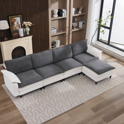 The Black And White L-Shaped Modular Cloud Sofa Features A Three-Seat Chenille Deep Seat Design, Complete With Seat Cushions, Backrests, And A Footstool, Making It Suitable For Various Home Spaces.