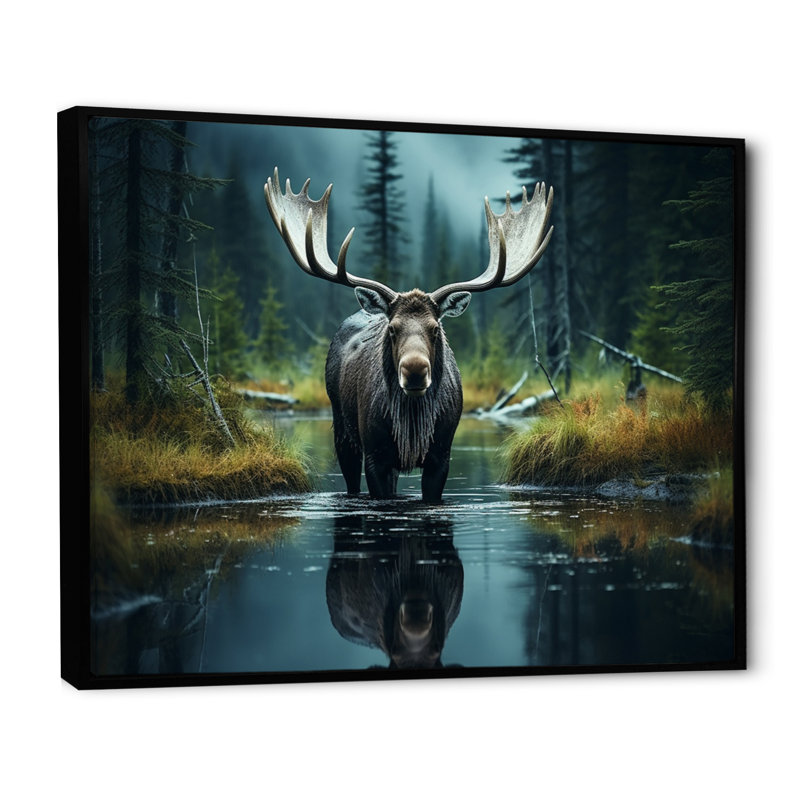 «Green Moose Forest Dusk», art mural orignal, H 16 po x l 32 po, Cadre flottant noir