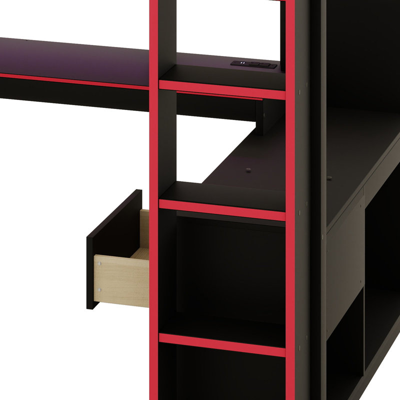 Lit mezzanine avec bureau de jeu, étagères, bande lumineuse et borne de recharge pour chambres à coucher peu encombrantes