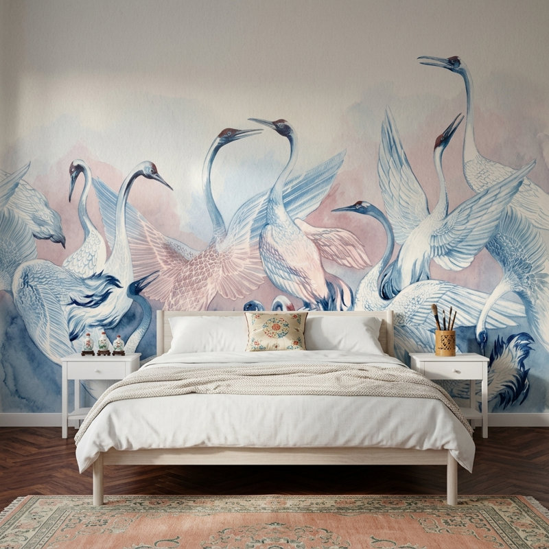 Aquarelle oiseaux, papier peint grues, rose pastel, Non tissé, 200"x120"