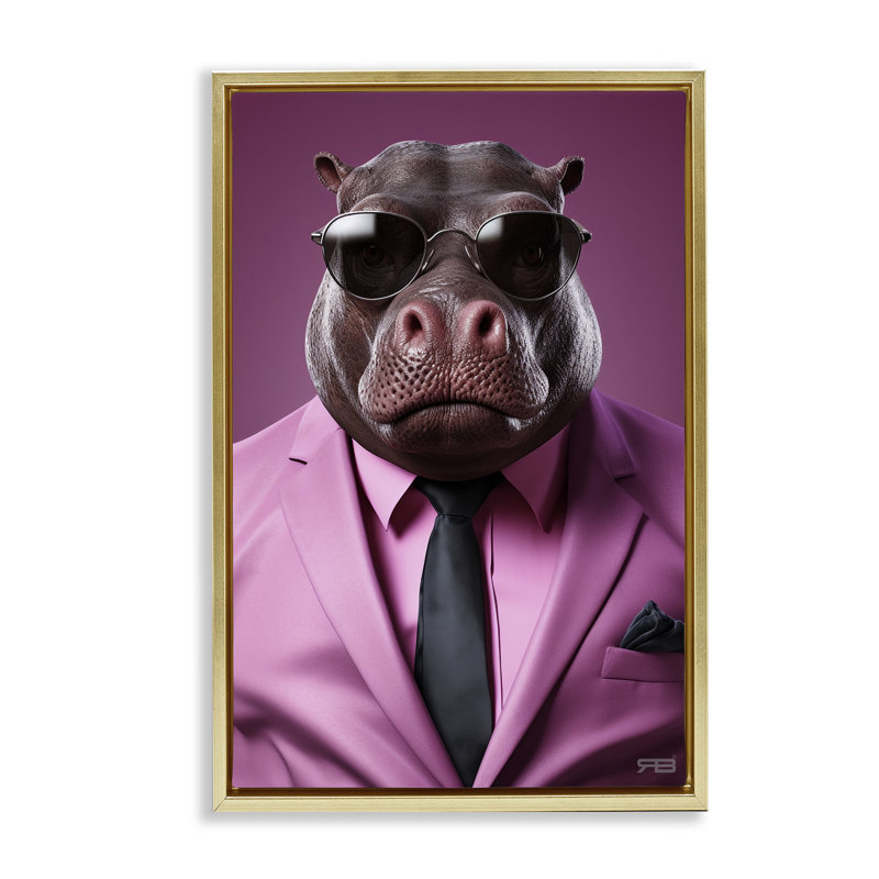 Toile flottante encadrée dorée «Hippo» par Roozbeh Bahramali, H 25 po x l 17 po, Cadre flottant métallique doré