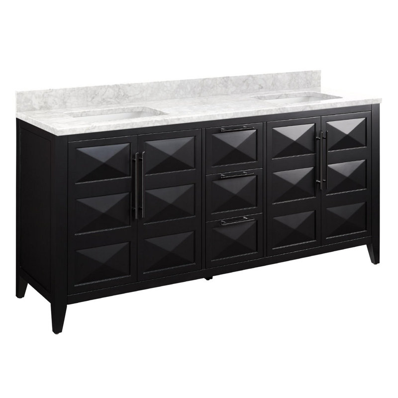 72" Holmesdale Vanity with Rectangular Undermount Sinks, Carrara Marble, Black, No Faucet Holes