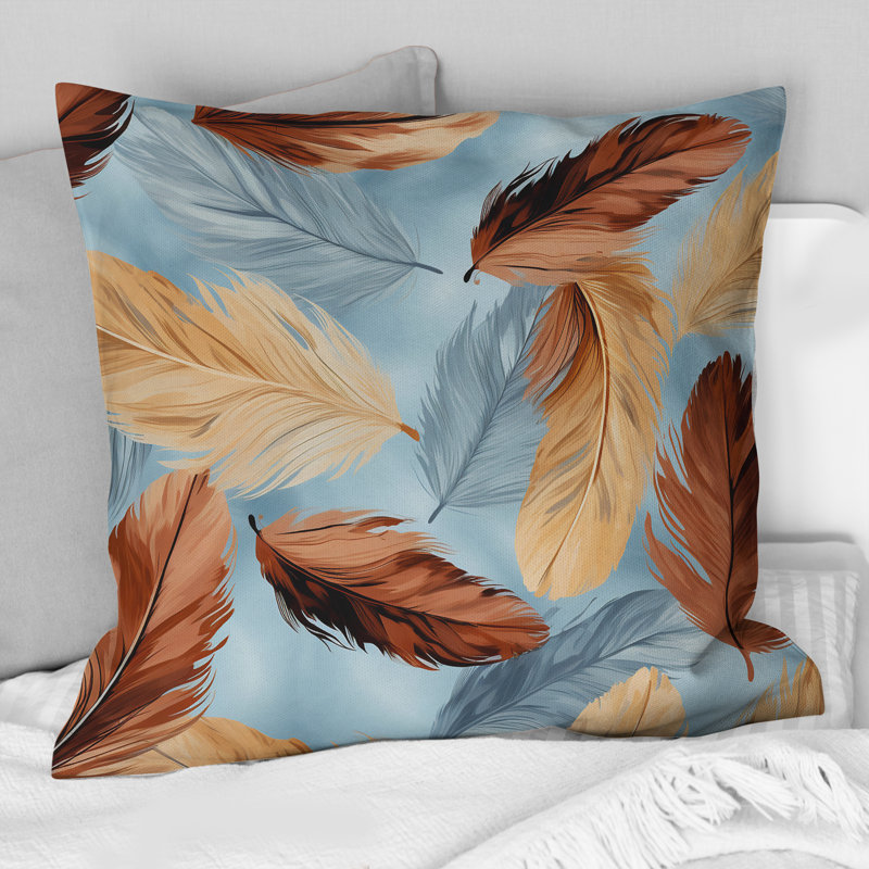 Coussin décoratif rétro à motif de plumes de bohème bleu et orange II